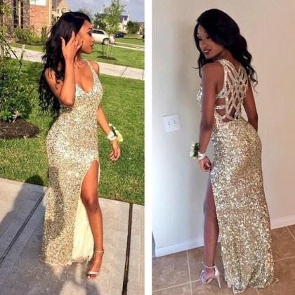 sequined sparkly champagne sexy sheath gowns prom split evening neck dresses