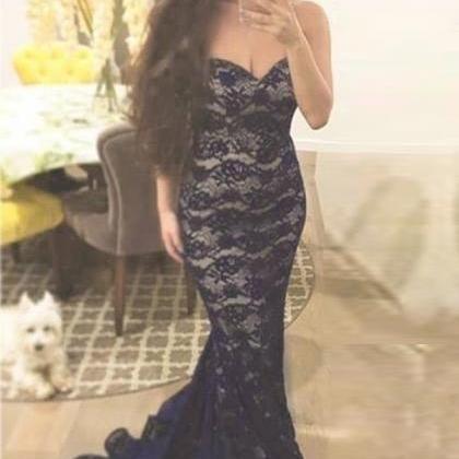 Sweetheart Mermaid Long Slit Dress With Sweep Train Dark Navy