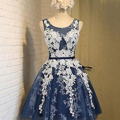Cute A-line Round Neck Dark Blue Lace Tulle Short Homecoming Dress With ...