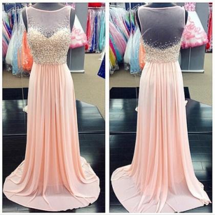 Modest Long Peach Beading Open Back Prom Dress on Luulla