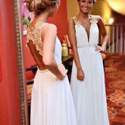 Simple V-neck Open Back Floor Length White Prom Dress with Appliques Beading