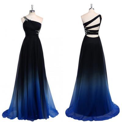 Crystal Embellished Gradient One Shoulder Floor Length A-Line Formal Dress Featuring Strappy Open Back, Prom Dress 