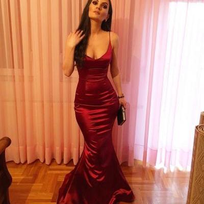 Simple Red Satin Mermaid Long Evening Dress Sexy Prom Gowns