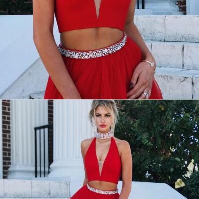 two piece prom dress,high neck prom dress,tulle prom dress,red evening gowns,prom dresses 2018