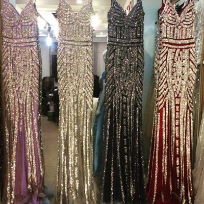 Gold beaded long tulle mermaid evening dresses, glitter prom gowns