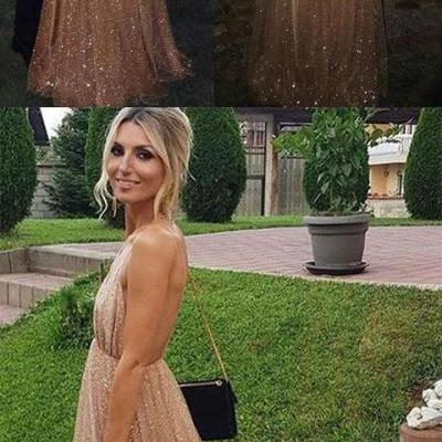 A-line Spaghetti Straps V-neck Sexy Backless Sequins Prom Party Dresses