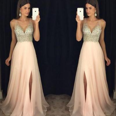  New Arrival Prom Dress,Modest Prom Dress,sparkly crystal beaded v neck open back long chiffon prom dresses 2017 pageant evening gowns with leg slit