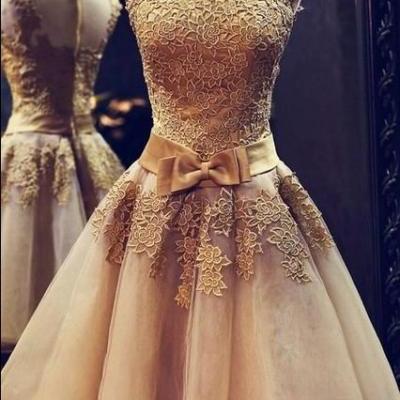 Gold lace prom dress, short prom dress,High Neck Prom Dress Applique Prom