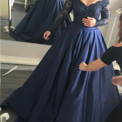 Long Sleeve Dark Navy Prom Dress,Lace Ball Gown,Sweep Evening Dresses,Formal Dresses