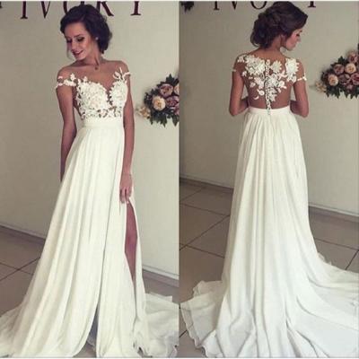 A-line Off the Shoulder See-through Sleeveless Beaded Lace Appliqued Bodice Mini length Beach Wedding Dress