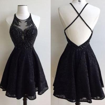 Stylish black lace beading short prom dress, homecoming dresses