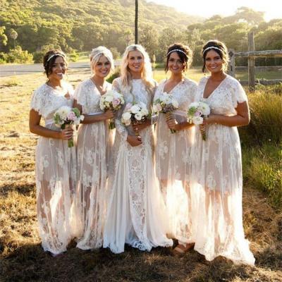 Summer Bohemian White Sheer Lace Bridesmaid Dresses V Neck Short Sleeves Plus Size Boho Wedding Party Dresses Beach Style
