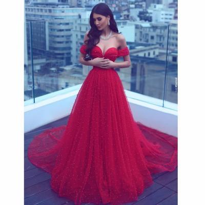 Stunning Red Off Shoulder Tulle Beaded Evening Dress,Sweetheart Pearls A Line Prom Dress with Train