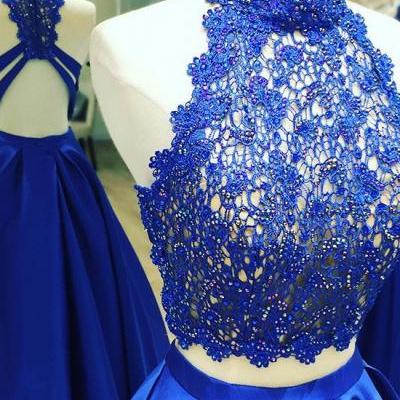 blue two pieces lace long prom dress, blue lace evening dress