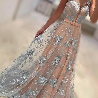 A-Line Bateau Sweep Train Coral Lace Prom /Evening Dress with Bowknot