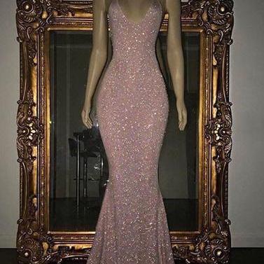 Pink sequin mermaid long prom dress, sequin evening dress