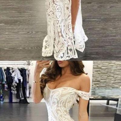 White Prom Dress - Sheath Off-the-Shoulder Long Lace with Split