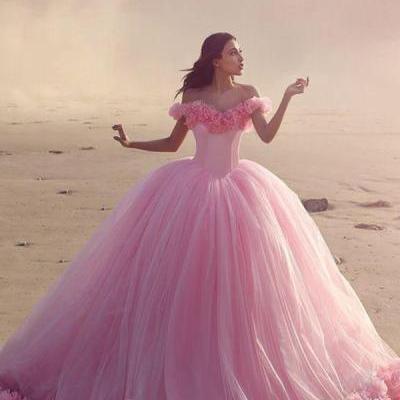 Glamorous Off-the-shoulder Ball Gown Sweep Train Pink Wedding Dress with Flower