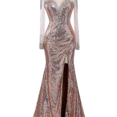 Women's Champagne Sequins Prom Dress Long Sleeves, Evening Dress,Party Dress