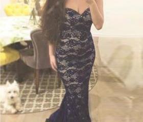 Sweetheart High Slit Long Dress With Sweep Train Dark Navy