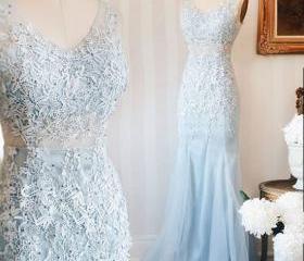 Trendy Junior V Neck Purple Blue Lace Prom Gown SREAL092 main image 1