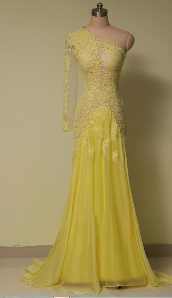 One Shoulder Prom Dresses,lace Evening Dress,chiffon Prom Dress,yellow