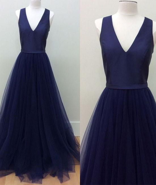 Simple v neck blue tulle long prom dress, blue tulle formal dress main image 1