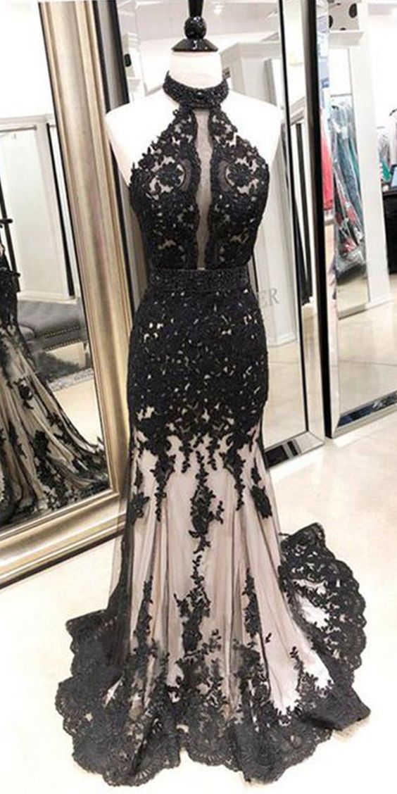 Long Mermaid Halter Open Back Appliques Black Prom Dress main image 1