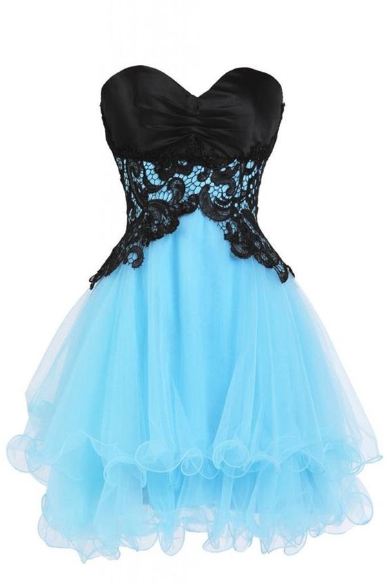 Simple Black Lace And Blue Short Prom Dress,Sweetheart Evening Dress ...
