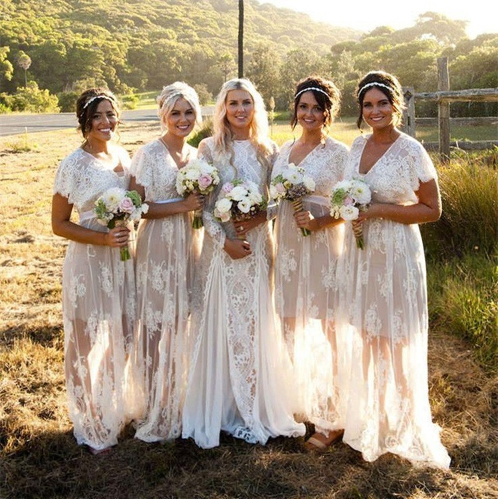 Summer Bohemian White Sheer Lace Bridesmaid Dresses V Neck Short