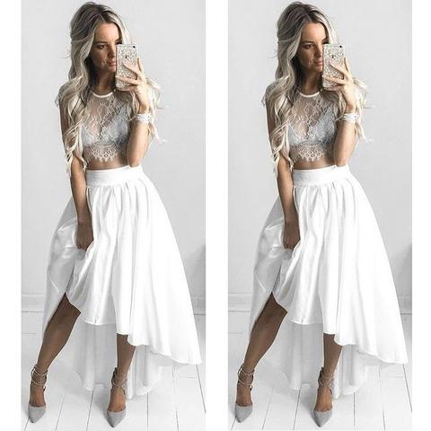 2 Pieces White Lace Hi Lo Beach Long Prom Dresses on Luulla
