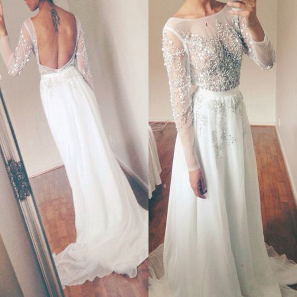 Long Sleeve White Tulle Beaded Sparkly Open Back Elegant Prom Gown on ...