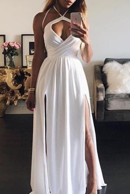 Unique Halter V Neck White Chiffon Pleated Long Prom Dress Birthday Evening Dress