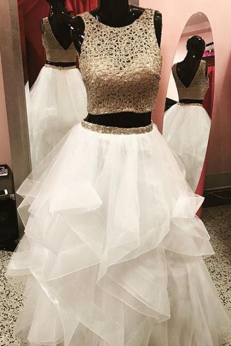 Two Piece Prom Dress,white Ball Gowns ,gold Embroidery Dress, 2 Piece Prom Dress,prom Gowns