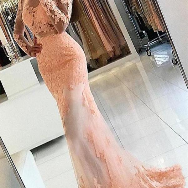 Long Sleeve Trumpet Mermaid Satin Gold Scoop Beading Prom Dress main image 1