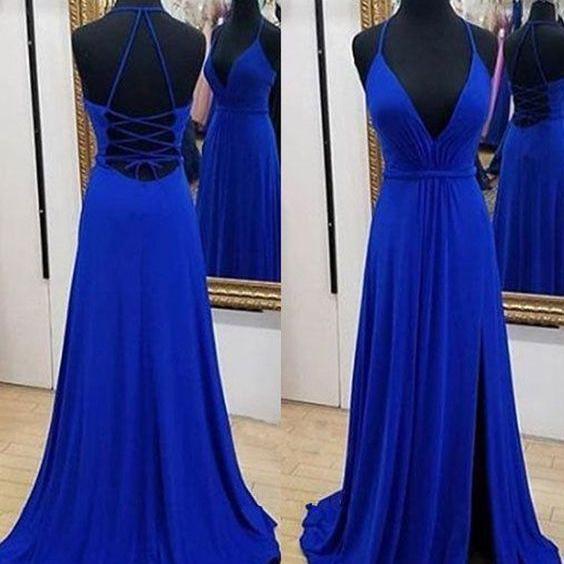 Sexy Blue Spaghetti Straps Halter Prom Dress,Backless Chiffon Long ...