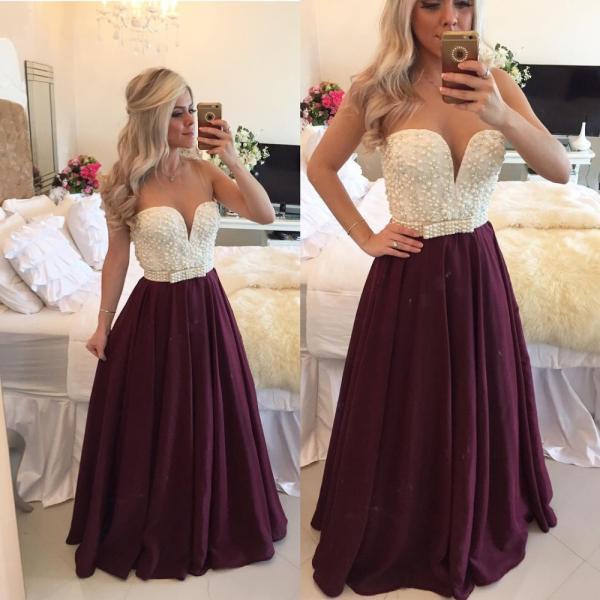 Sexy Burgundy Prom Dress 2017 With Pearls Long Plus Size Evening Dress ...