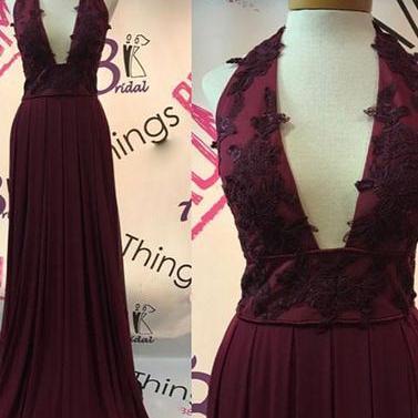 Burgundy V-neck Lace Long Prom Dress,a-line Charming Evening Dress on ...