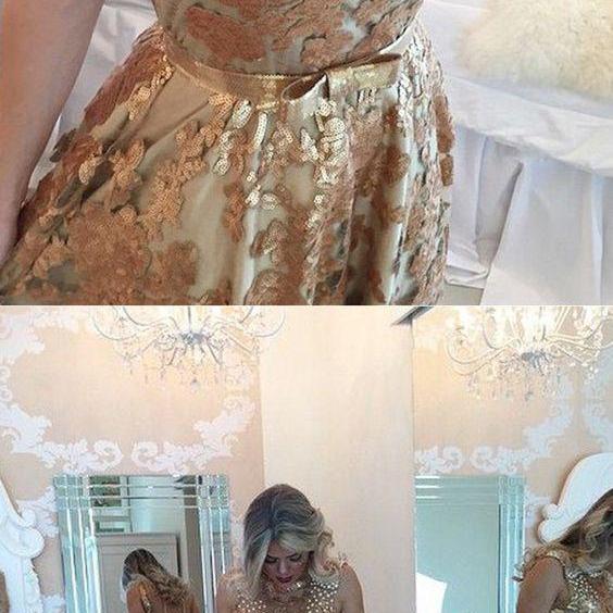 Gold Beading Sequins Floor Length Prom Dress MOS06 main image 1