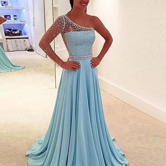 Charming A-line One Shoulder Sweep Train Blue Prom Dress With Beading ...