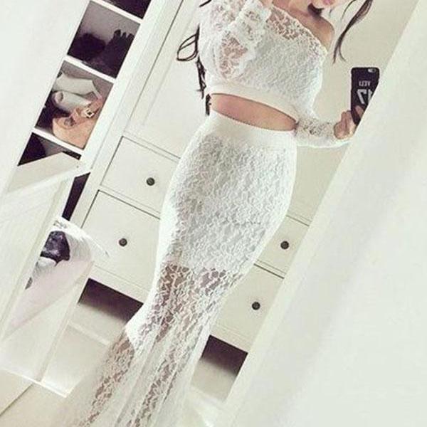 Two Piece Mermaid Off The Shoulder Long Sleeves Lace Prom Dress On Luulla 0842