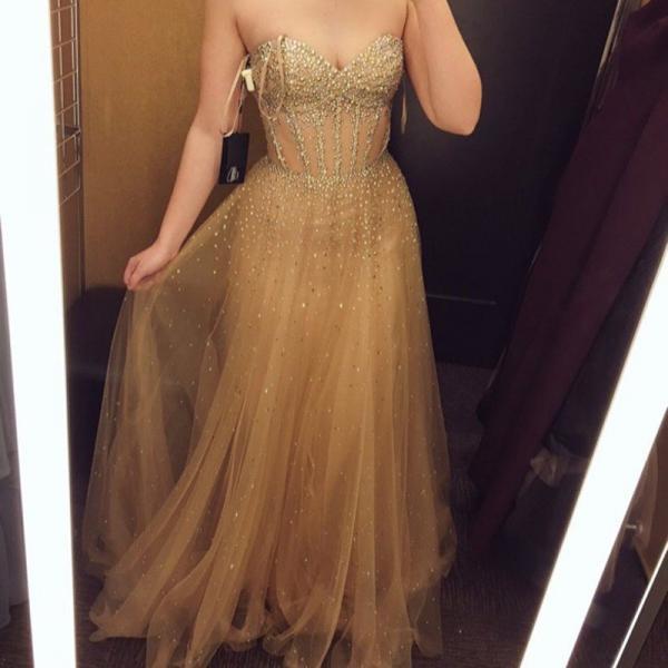 2017 Sweetheart Sparkle Beaded Long Aline Gold Tulle Long Prom Dresses