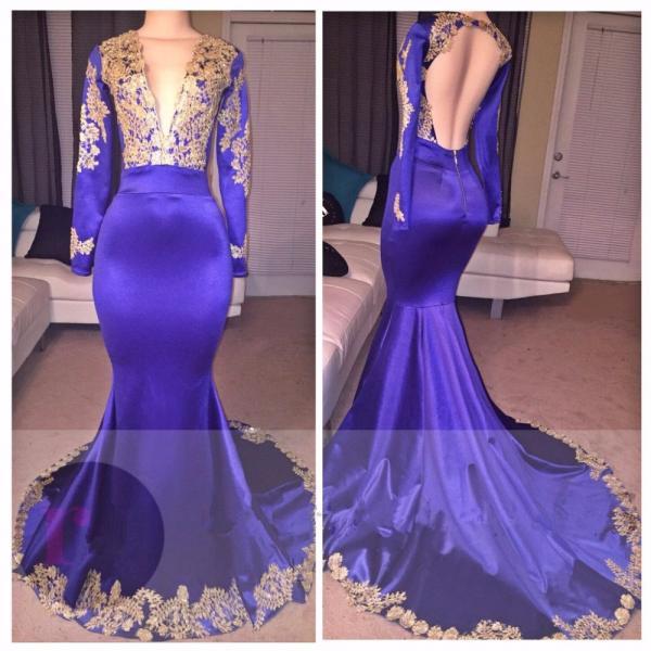 Appliques Sexy 2017 Deep V-neck Long-sleeves Appliques Prom Dress on Luulla