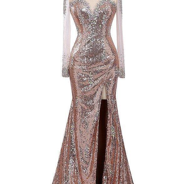 Women's Champagne Sequins Prom Dress Long Sleeves, Evening Dress,Party ...