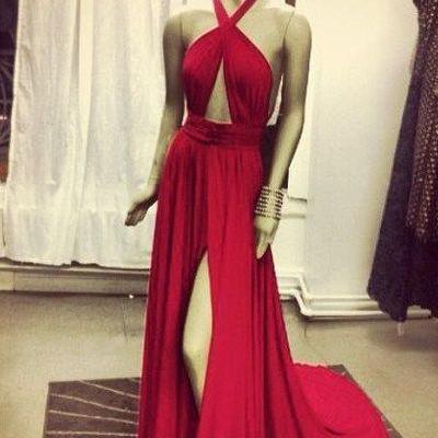 Fashion Red Long Red Prom Dress Sexy Evening Dress Side slit