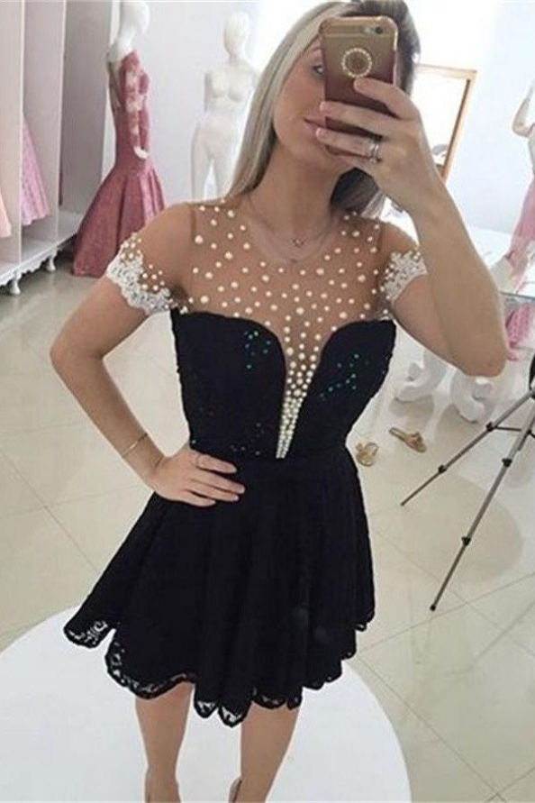 Black Short Sleeves A-line Beaded Elegant Homecoming Dresses on Luulla
