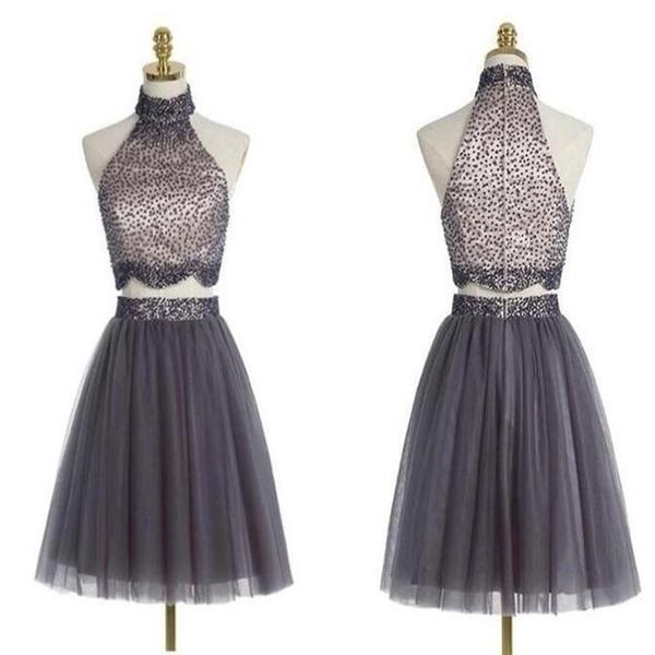 Popular Grey Halter Two Pieces Beaded Vintage Unique Style Homecoming ...
