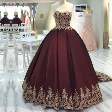 Gold Lace Edge Sweetheart Wine Red Ball Gowns Quinceanera Dresses on Luulla