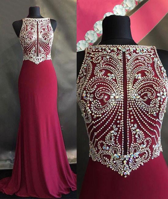 Red Chiffon Beads Prom Dress