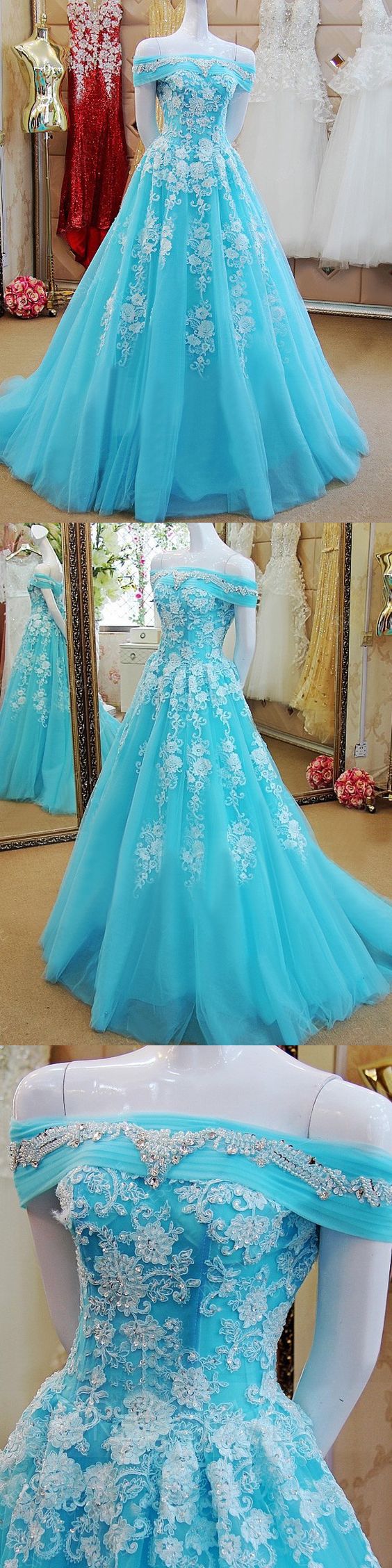 A-line Off-the-shoulder Floor-length Short Tulle Prom Dress/Evening Dress on Luulla